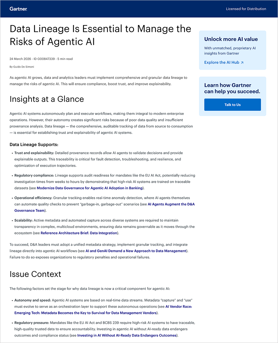 Complimentary Gartner® Research: Data Lineage Is Essential to Manage the Risks of Agentic AI